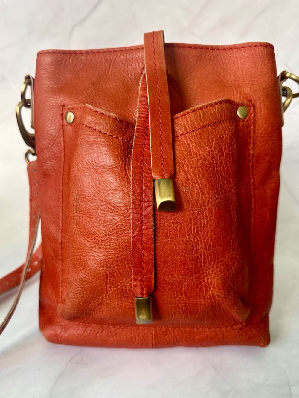 Latico Leather Crossbody Bag Orange Pebbled Mini Bucket Brass Hardware